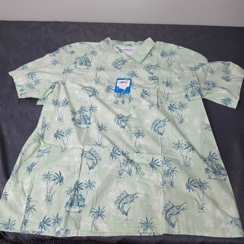 Coulmbia PFG Super Slack Tide Shirt‎ Mens XXL NWT Green Marlin Hut Palm Tree